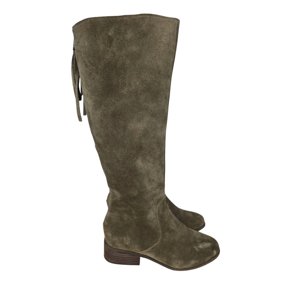 Lucky Brand Riding Boots Womens 7 M Olive Green Suede Zip Up Knee High Tall Boho